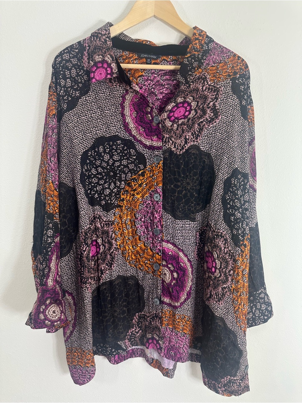 John Mark Button-Front Floral Medallion Blouse in Purple, Black & Orange